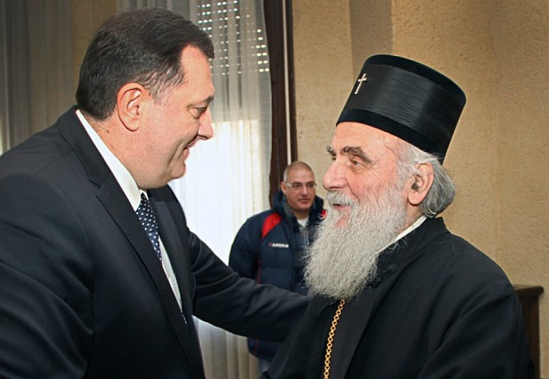 Bosnian Serb President Milorad Dodik and Serbian Patriarch Irinej